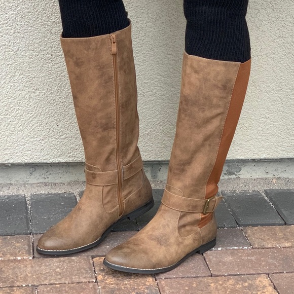 NIB Tan Burnished Toe Knee High Riding Flat Boots - Picture 5 of 7
